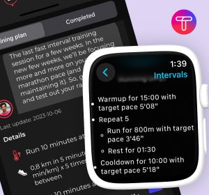 Screenshot of the Trenara app and an Apple Watch showing the same workout